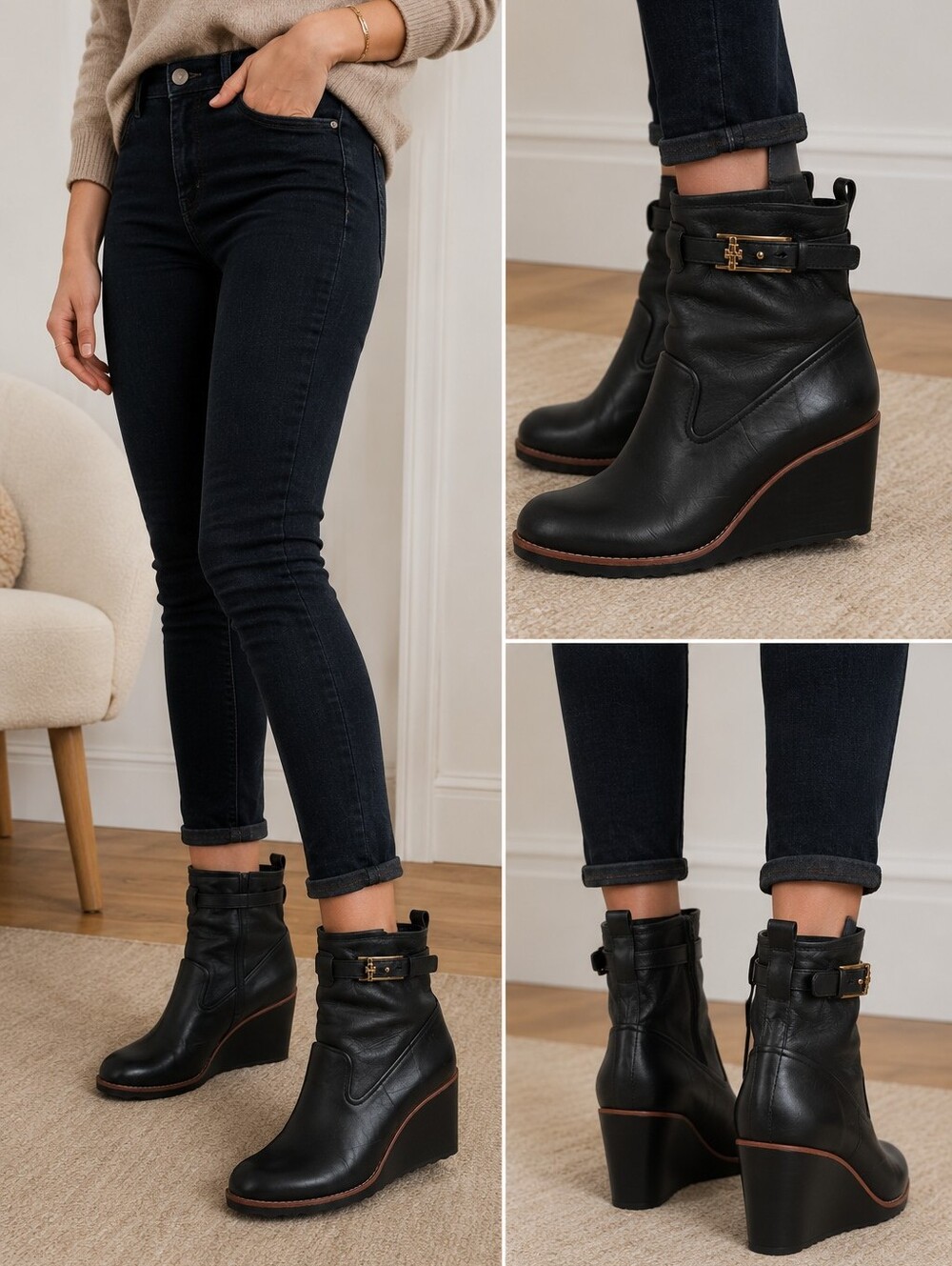 Tory Burch Jolie Black Leather Wedge Ankle Boots Gold Buckle F/W 2013